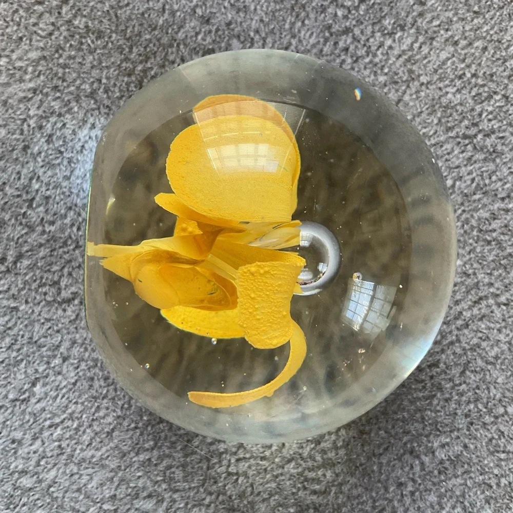 Mesmerizing Vintage Glass Paperweight Hand Blown Yellow Flower